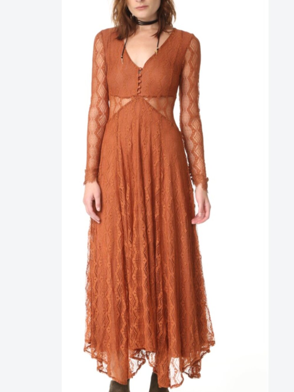 Free People Guinevere Lace Maxi Dress Brown Sugar M NWT Boho